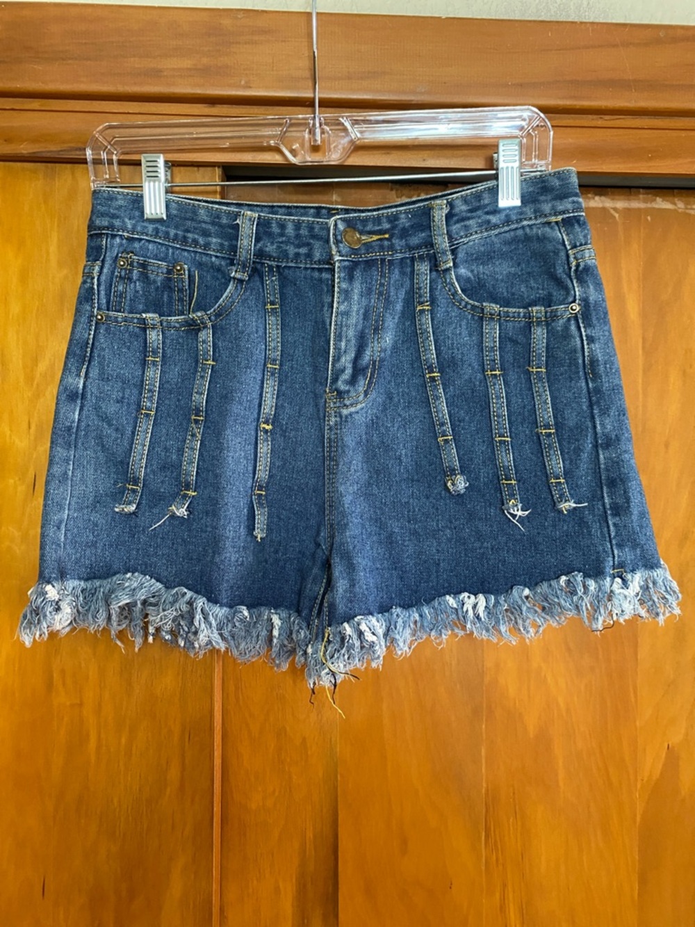 Source Unknown Dark Blue Distressed Frayed Hem High Rise Denim Shorts Striped